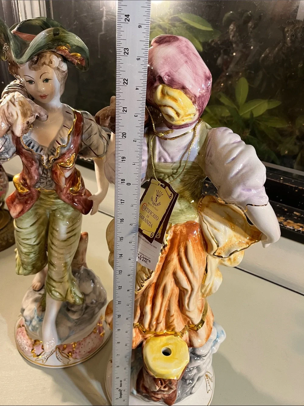 Decorative Porcelain Figurine Pair in Green and Yellow
